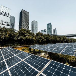 Solar panels and urban background at shenzhen city